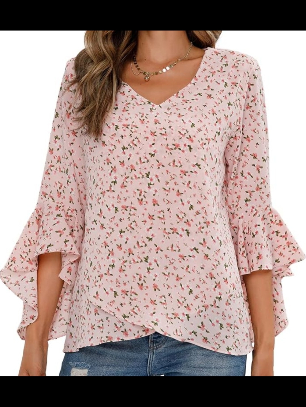 Pink Floral V-Neck Ruffle Sleeve Blouse